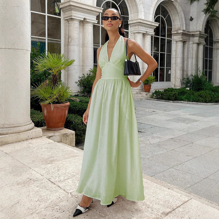 Damen Elegantes Maxikleid mit tiefem V-Ausschnitt und fließendem Schnitt Drune