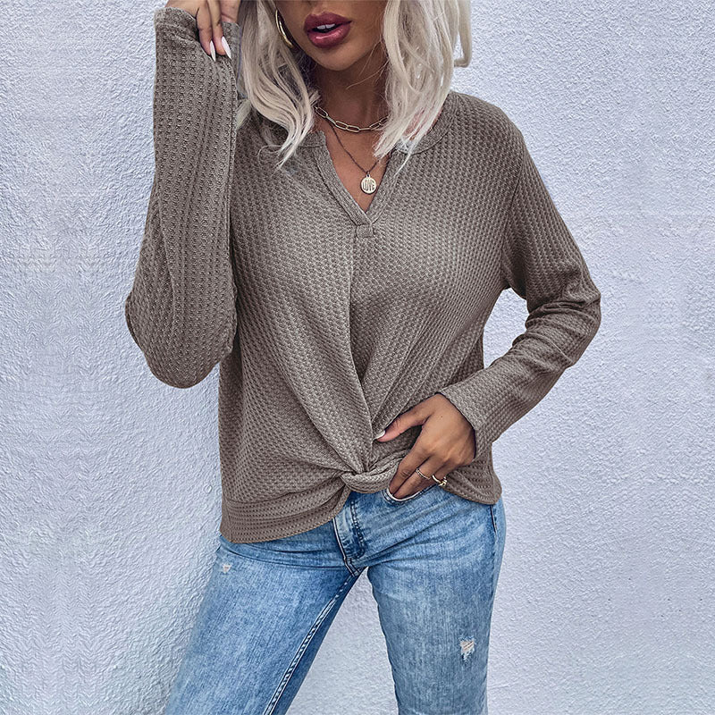 Damen Waffelstrick-Longsleeve mit V‑Ausschnitt und Knotenfront Drune
