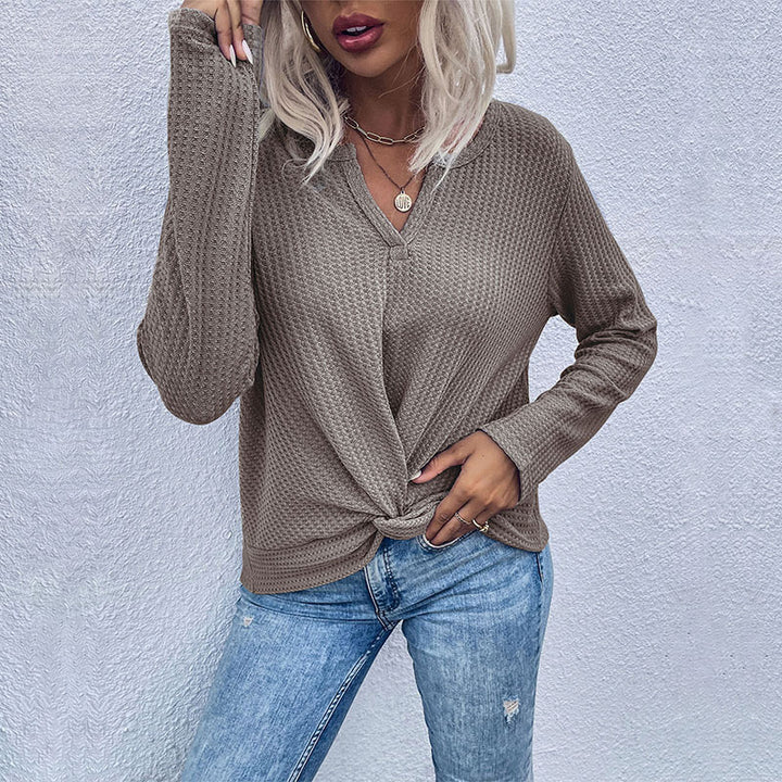 Damen Waffelstrick-Longsleeve mit V‑Ausschnitt und Knotenfront Drune