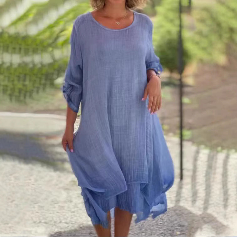 Damen nan weites Musselin-Midikleid mit rundem Halsausschnitt, krempelbaren halblangen Ärmeln und mehrlagigem Stufenrock Drune