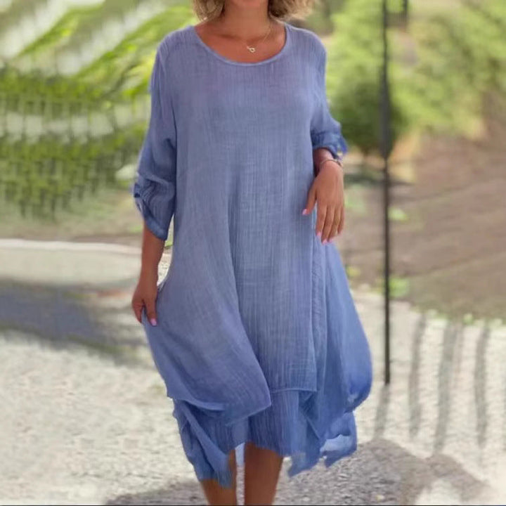 Damen nan weites Musselin-Midikleid mit rundem Halsausschnitt, krempelbaren halblangen Ärmeln und mehrlagigem Stufenrock Drune