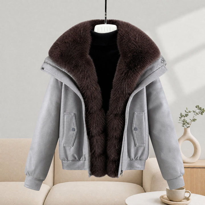 Damen nan kurze Lammfelloptik-Bomberjacke mit voluminösem Fellkragen und tailliertem Saum Drune