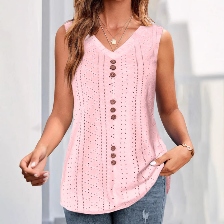 Damen nan ärmelloses Broderie-Anglaise-Top mit V-Ausschnitt und dekorativer Zierknopfleiste Drune