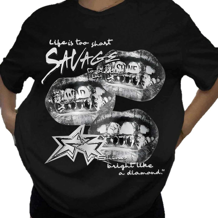 Damen T-Shirt mit kreativem Grafikdesign und urbanem Statement Drune