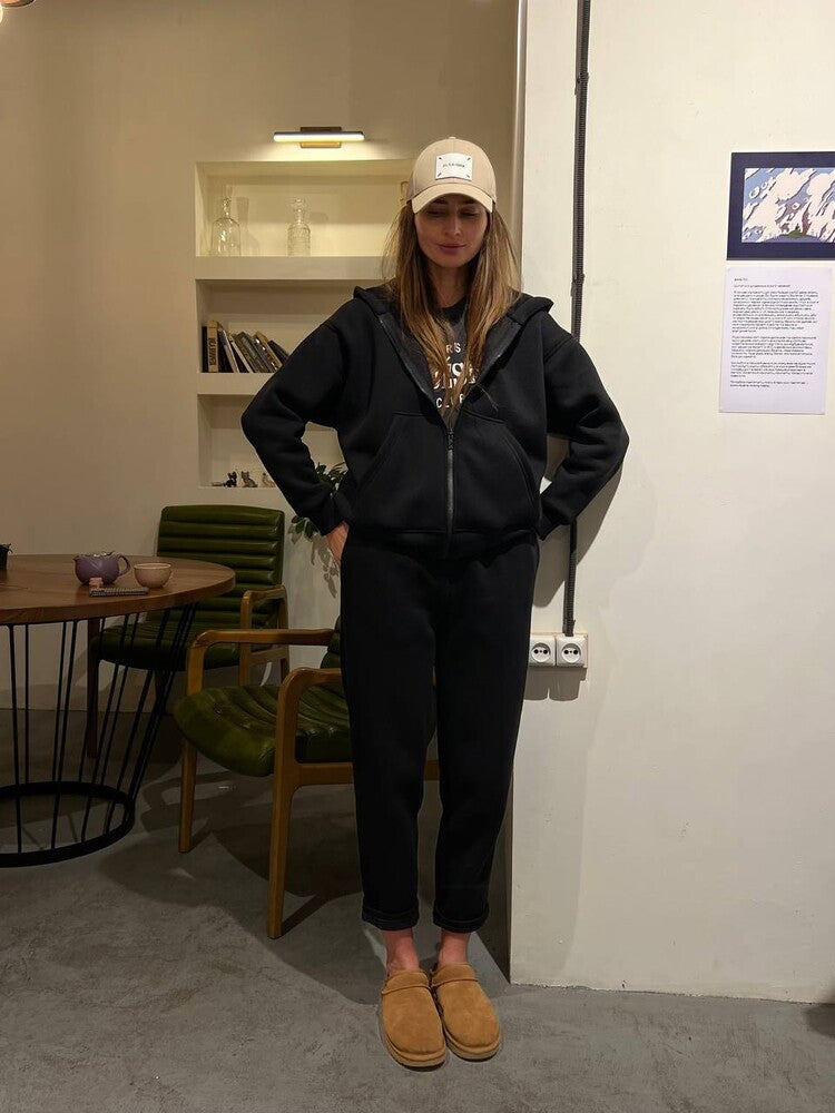 Damen lässiges Fleece-Zweiteiler mit Oversize-Kapuzenjacke und tapered Joggerhose Drune
