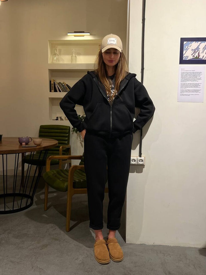 Damen lässiges Fleece-Zweiteiler mit Oversize-Kapuzenjacke und tapered Joggerhose Drune