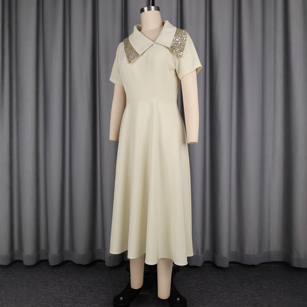 Damen elegantes Midikleid mit funkelndem Kragen Drune
