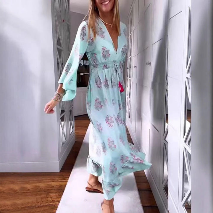 Damen nan luftig-fließendes Boho-Midikleid mit V-Ausschnitt, geraffter Smock-Taille, Kordelzug mit Quasten und asymmetrischem Volant-Saum Drune