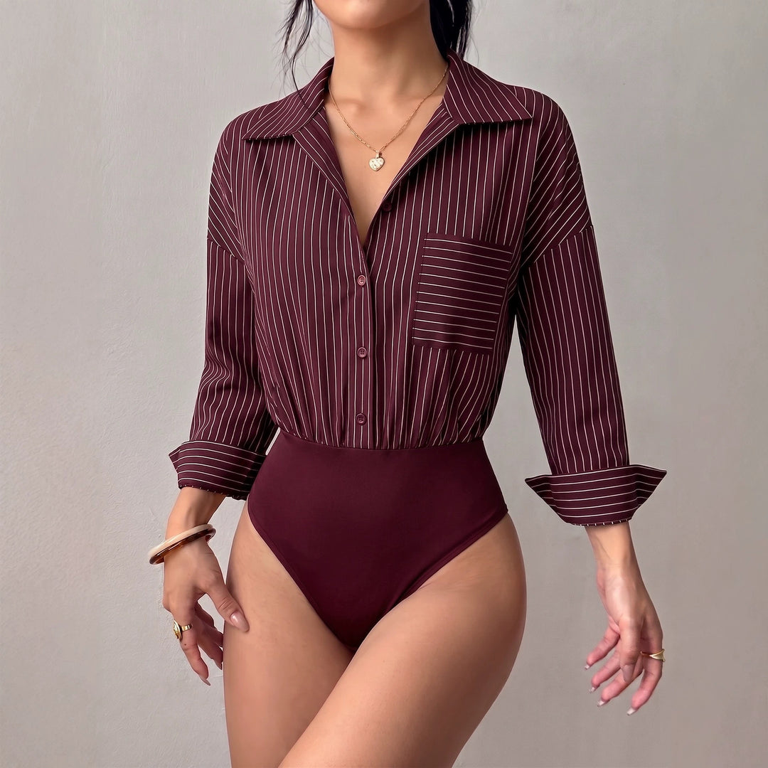 Damen Hemd-Body mit taillierter Passform, Kentkragen und feinem Streifenmuster Drune