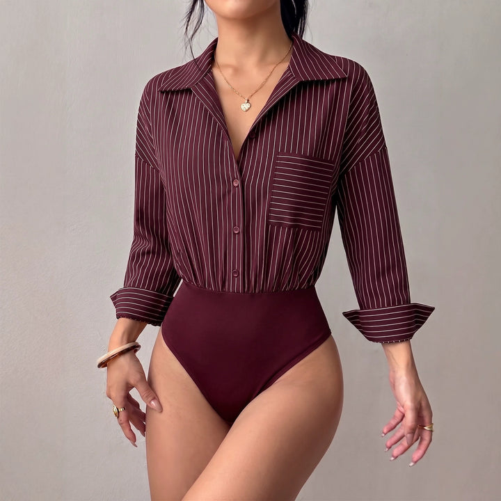 Damen Hemd-Body mit taillierter Passform, Kentkragen und feinem Streifenmuster Drune
