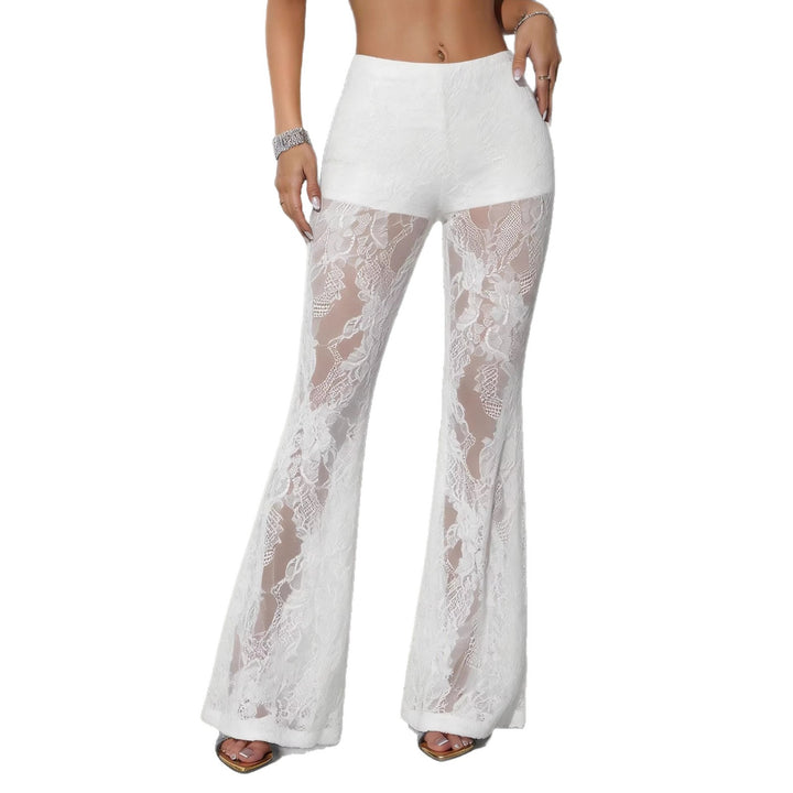 Damen nan hochgeschnittene Spitzen-Schlaghose mit blickdichter Innenshort und floralen Transparenzeinsätzen Drune