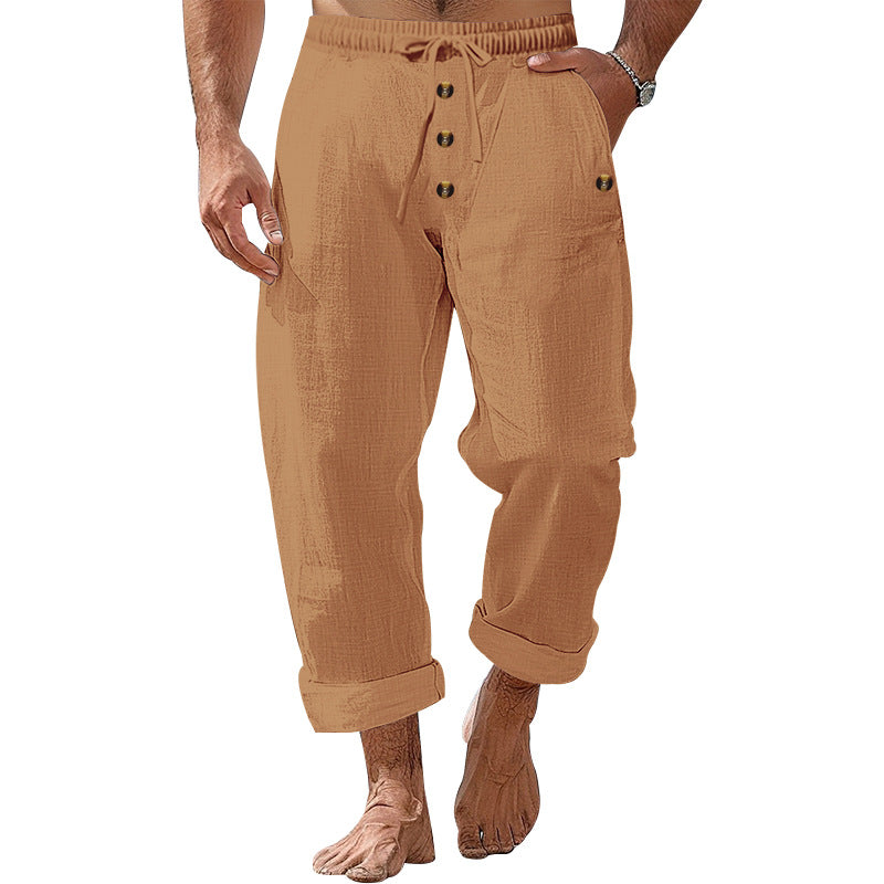 Herren nan lockere Leinen-Baumwoll-Hose mit elastischem Bund, Kordelzug und aufgekrempeltem Saum Drune