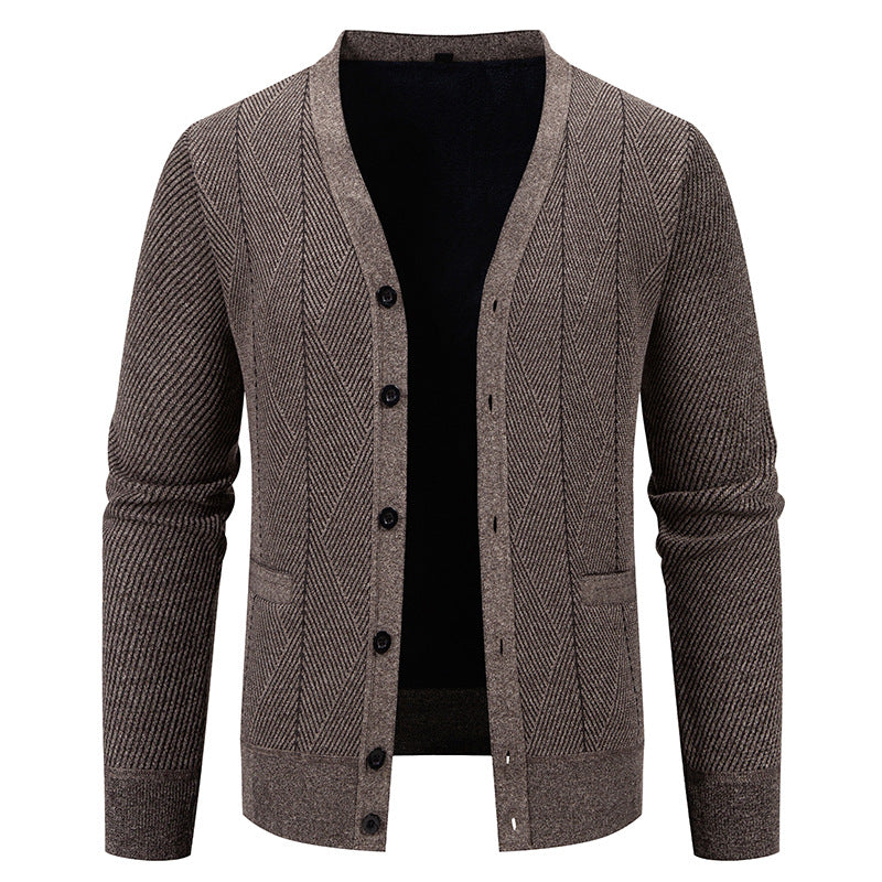 Herren Strukturierter Feinstrick-Cardigan mit Chevron‑Muster, V‑Ausschnitt und Eingrifftaschen Drune
