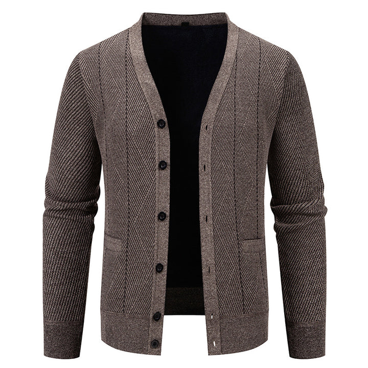 Herren Strukturierter Feinstrick-Cardigan mit Chevron‑Muster, V‑Ausschnitt und Eingrifftaschen Drune