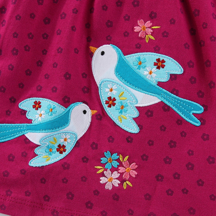 Mädchen Baumwollkleid mit süßen Vogel- und Blumenstickereien Drune
