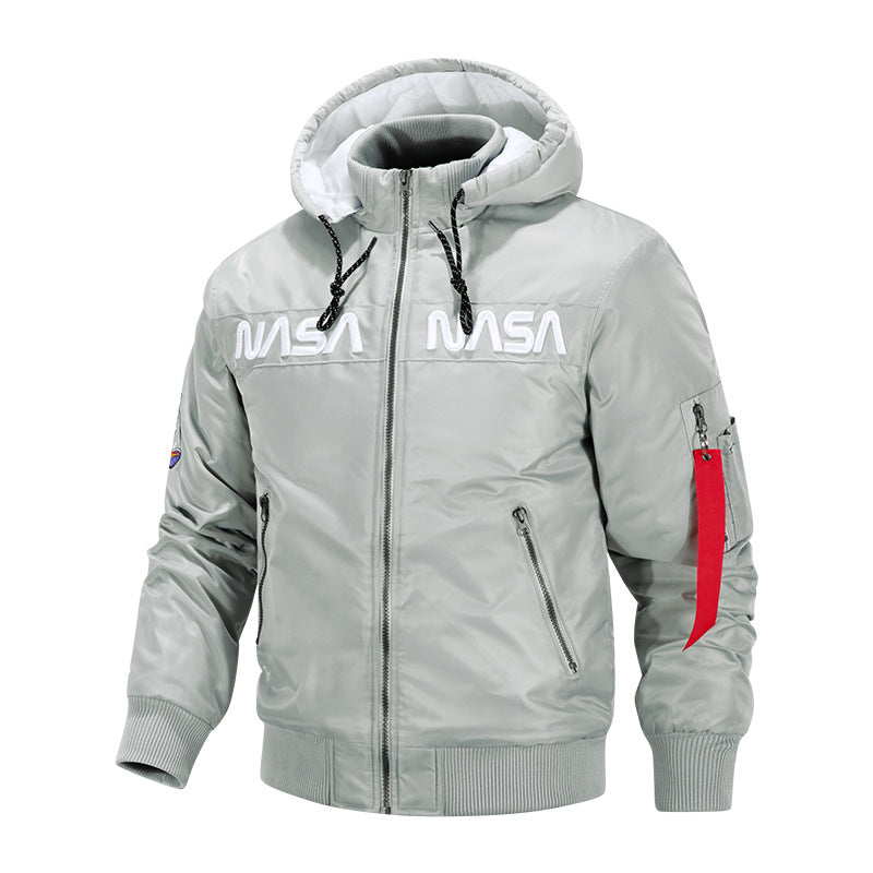Herren  Kapuzen glänzende Mikroschalen Astronaut-inspirierte Bomberjacke mit gesteppter thermischer Fütterung und Ärmeltasche Drune