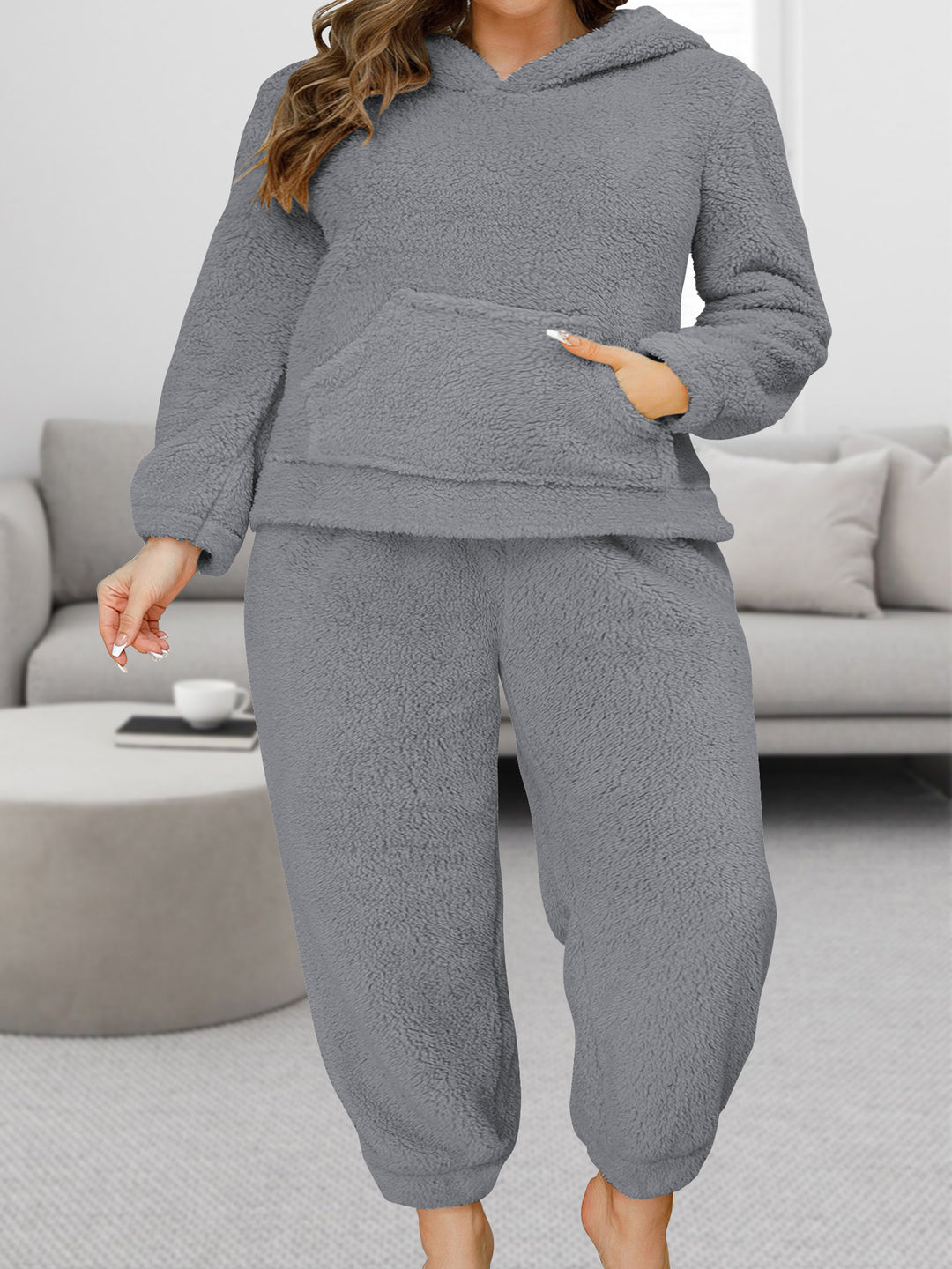 Damen Kuscheliges Teddy-Fleece Lounge-Set mit Kapuzenpullover und Jogginghose Drune