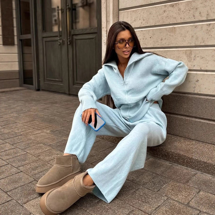 Damen Feinstrick-Loungewear-Set mit Zwei-Wege-Reißverschluss und weitem Umlegekragen Drune