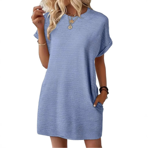 Damen lässiges Kurzarmkleid mit strukturiertem Stoff und seitlichen Taschen Drune