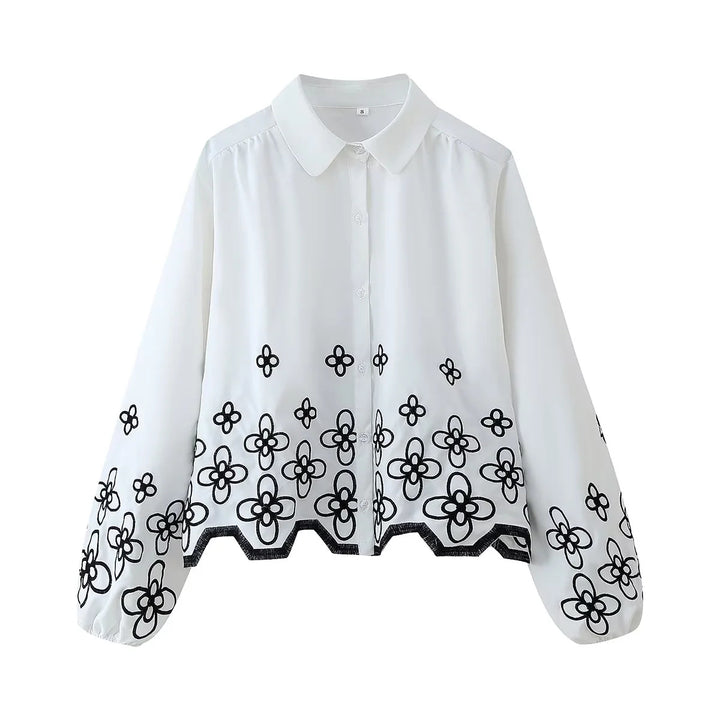 Damen nan bestickte Chiffon-Bluse mit floralem Saum, Volumenärmeln und Hemdkragen Drune