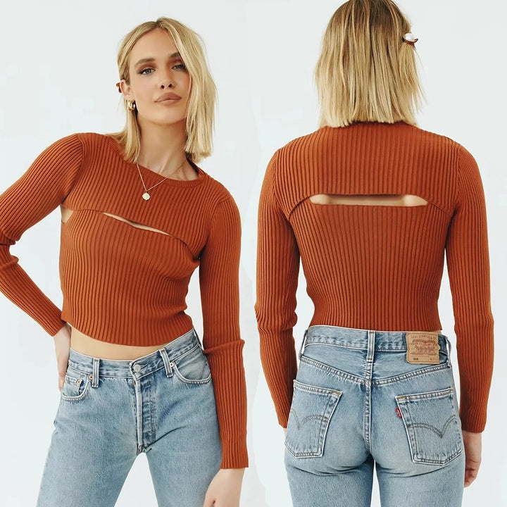 Damen Langarm Crop-Top mit raffiniertem Cut-Out-Design Drune