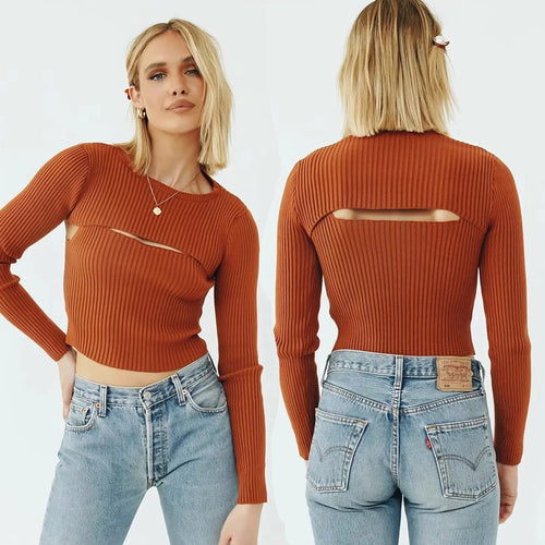 Damen Kurz geschnittenes Rippstrick-Top mit asymmetrischen Cut-Outs und Rundhalsausschnitt Drune