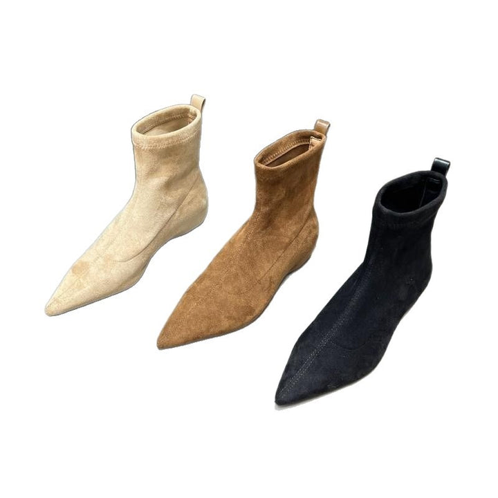 Damen spitz zulaufende Sock‑Stiefeletten aus Velourslederoptik mit engem Schaft Drune