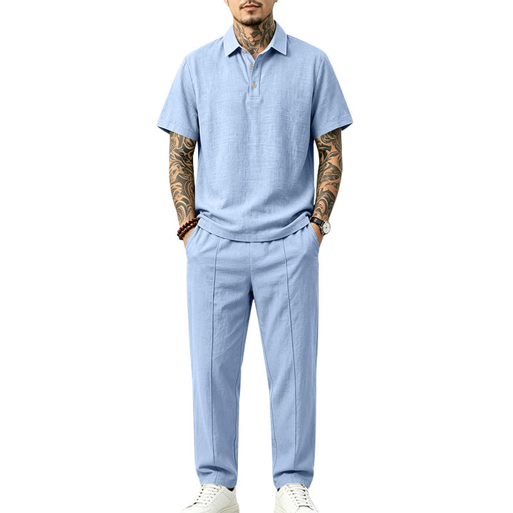 Herren Polo-Lounge-Set aus leichter Leinenmischung mit Kurzarm-Polo und gerader Bundfaltenhose Drune
