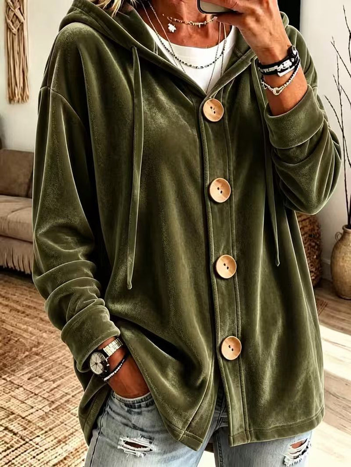 Damen Oversize Kapuzen-Samtjacke mit großen Holzknöpfen und weichem Veloursfutter Drune