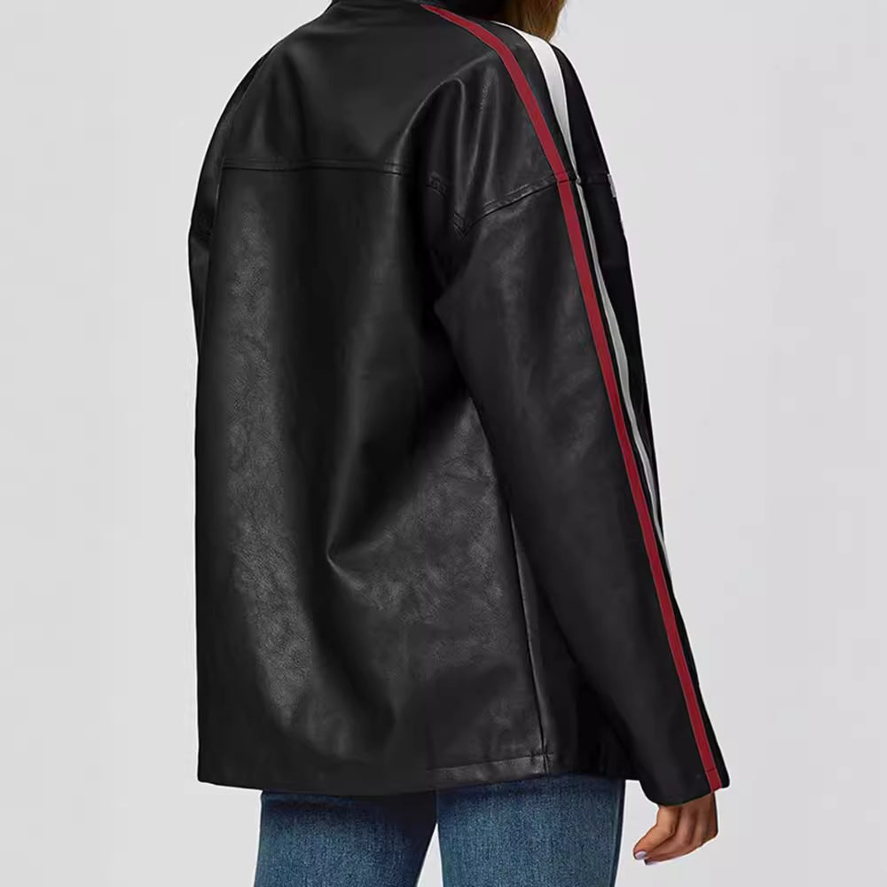 Damen Kunstlederjacke mit sportlichen Streifen Drune