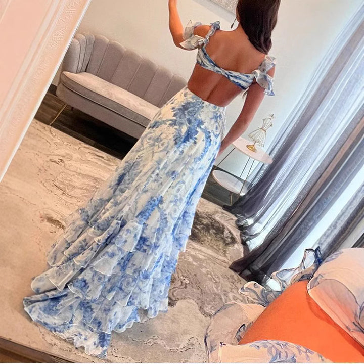 Damen Maxi-Kleid mit voluminösen Rüschen und floralem Design Drune