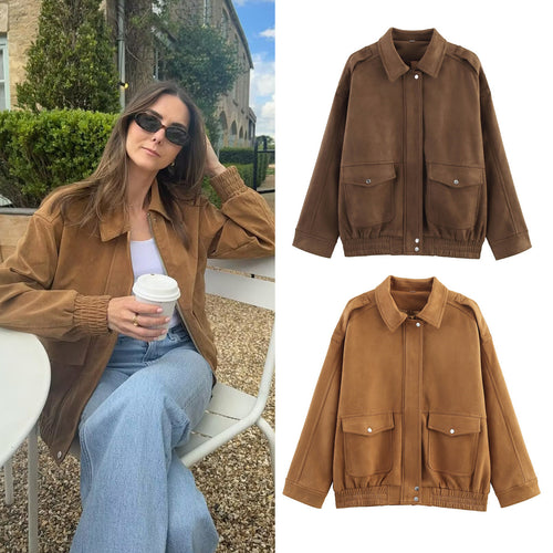 Damen Oversize Velours-Optik Jacke mit Pattentaschen, Druckknopffront und elastischem Saum Drune