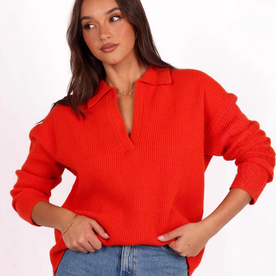 Damen lässiger Oversized-Pullover mit V-Ausschnitt und feiner Rippenstruktur Drune