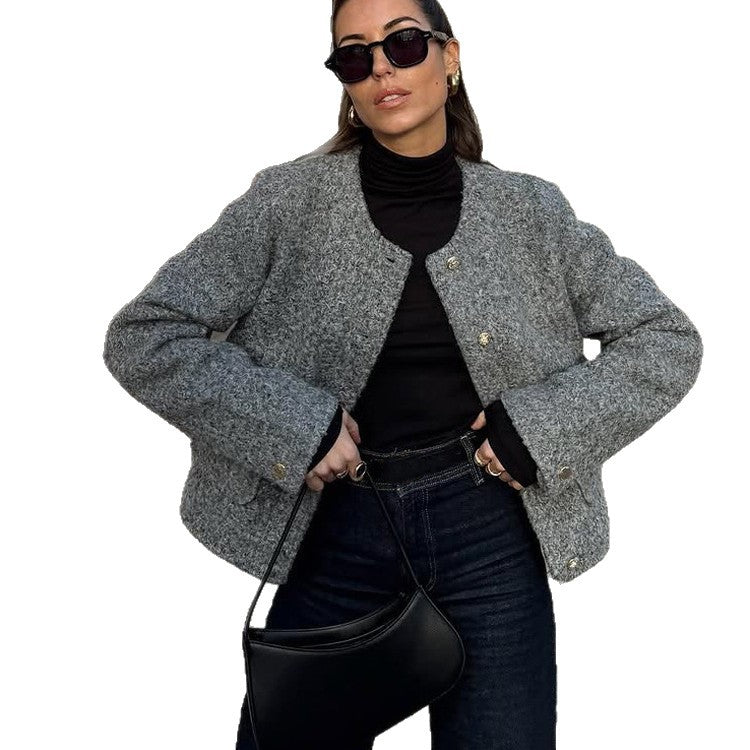 Damen Boxy Wollmix-Boucléjacke im Cabanstil mit Rundhalsausschnitt & goldfarbenen Zierknöpfen Drune