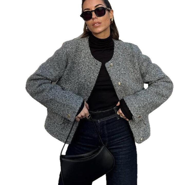 Damen Boxy Wollmix-Boucléjacke im Cabanstil mit Rundhalsausschnitt & goldfarbenen Zierknöpfen Drune