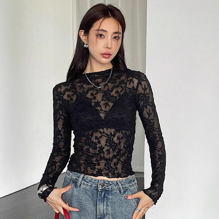 Damen nan eng anliegendes Spitzen-Langarmshirt mit floraler Ajour-Spitze, leicht transparent und Stehkragen Drune