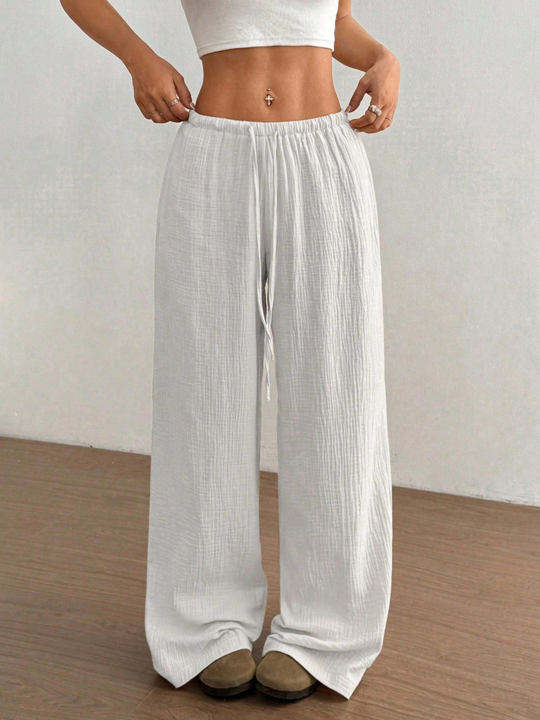 Damen Weite Baumwoll-Gauze-Hose mit hohem Bund, Gummizug und Kordelzug Drune