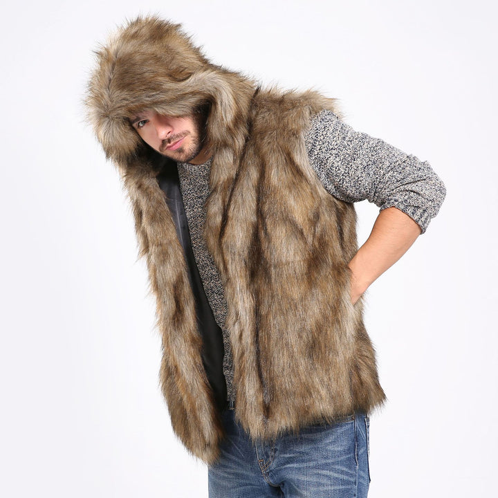Herren Elegante Kunstpelzjacke mit Kapuze und seitlichen Taschen Drune
