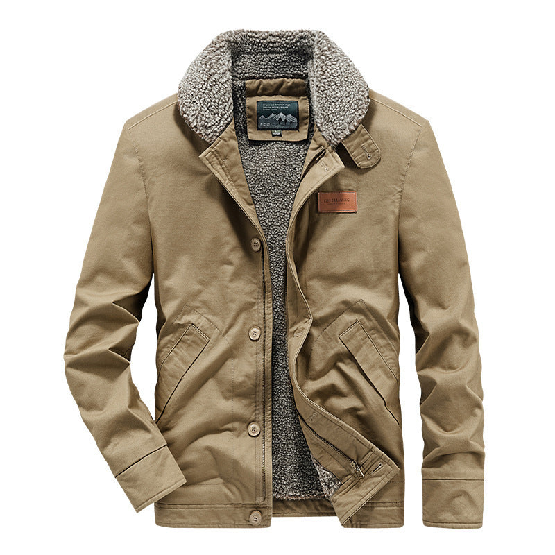 Herren kernige Canvas‑Workerjacke mit voluminösem Sherpa‑Innenfutter und hochschließendem Kragen Drune