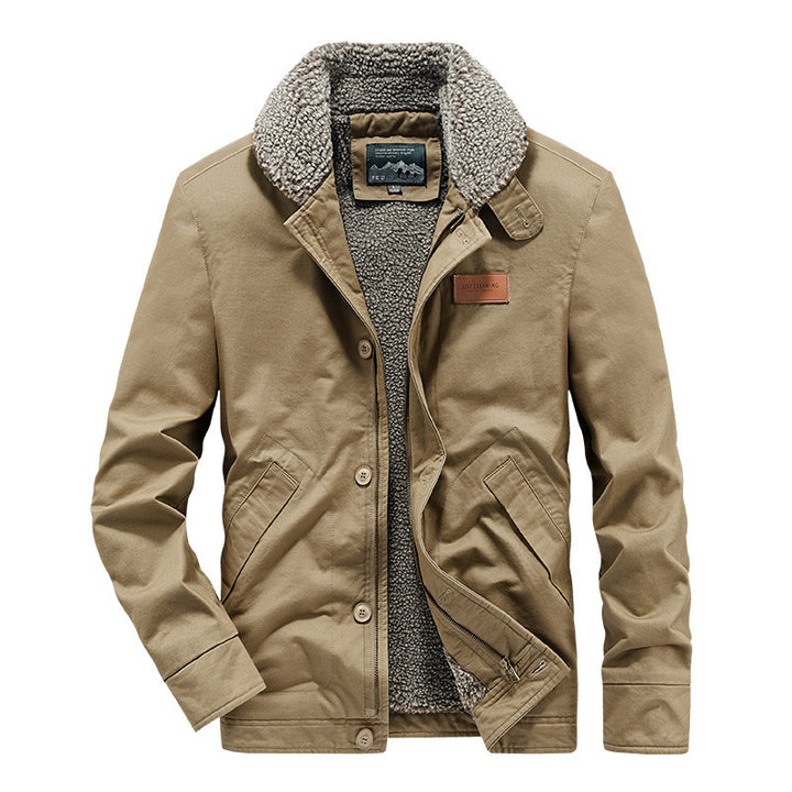 Herren kernige Canvas‑Workerjacke mit voluminösem Sherpa‑Innenfutter und hochschließendem Kragen Drune