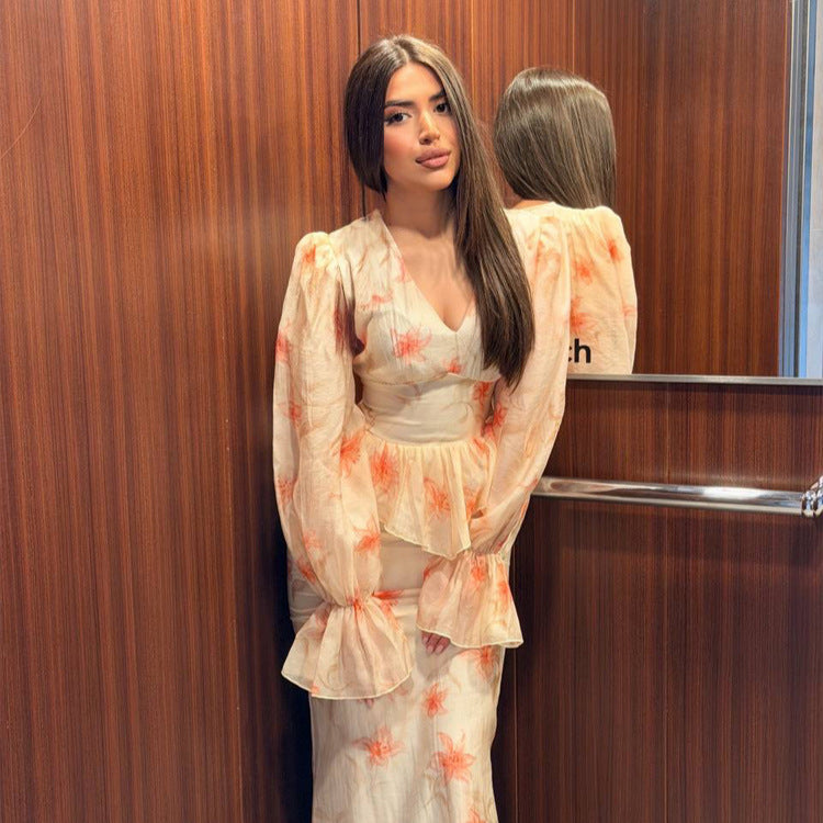 Damen Midaxi-Kleid mit Schößchen, V-Ausschnitt und voluminösen Puffärmeln Drune