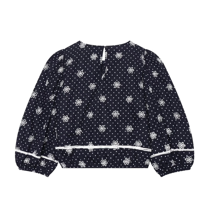 Damen Bestickte Polka-Dot Bluse mit Rüschen und Ballonärmeln Drune