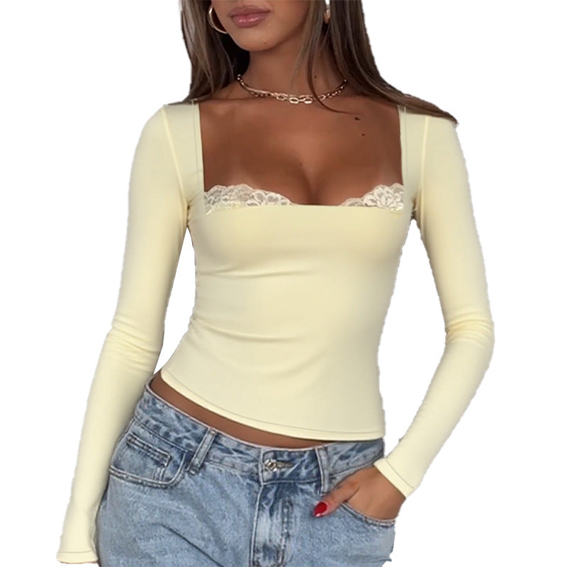 Damen Langarmshirt mit dezentem Spitzenbesatz und figurbetontem Schnitt Drune
