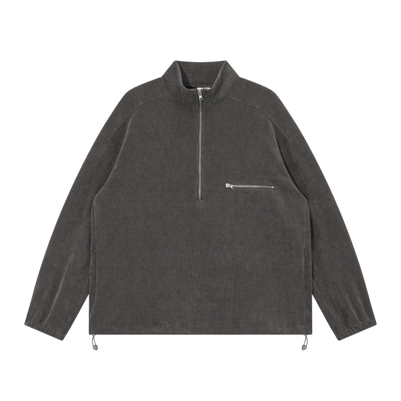 Unisex Oversize Halbzip-Pullover aus Cord‑Mix mit Brust-Reißverschlusstasche und Kordelzugsaum Drune