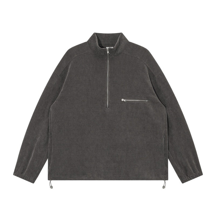 Unisex Oversize Halbzip-Pullover aus Cord‑Mix mit Brust-Reißverschlusstasche und Kordelzugsaum Drune