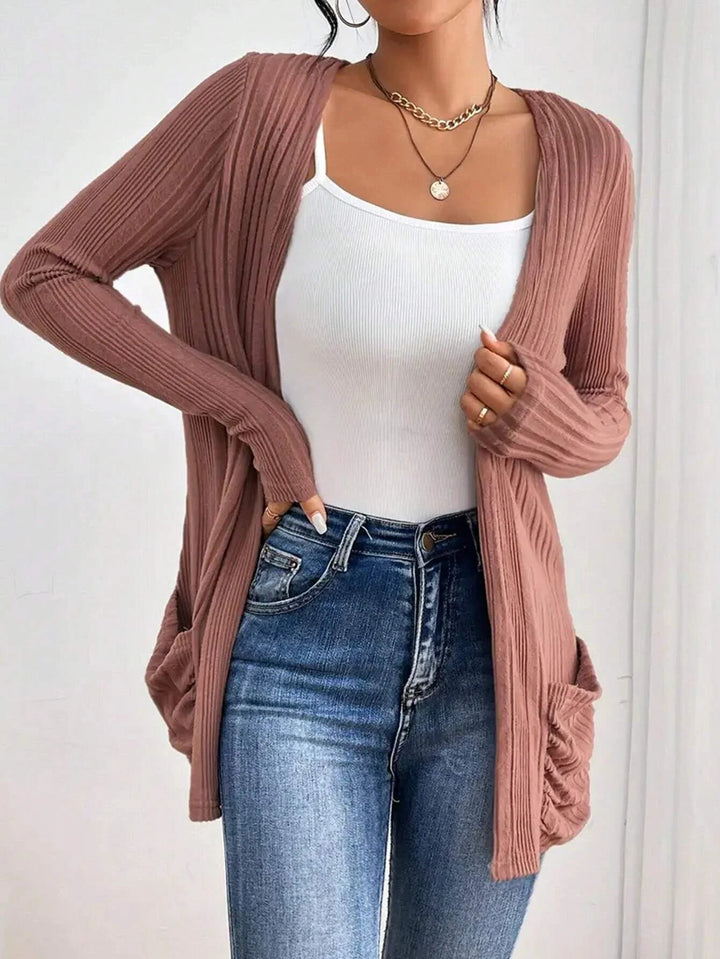 Damen Gerippter Langcardigan mit offener Front, Eingrifftaschen und legerer Passform Drune