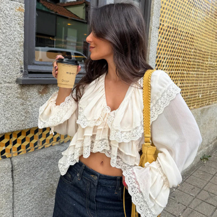 Damen Geraffte Spitzen‑Croptop‑Bluse mit Volants und V‑Ausschnitt Drune