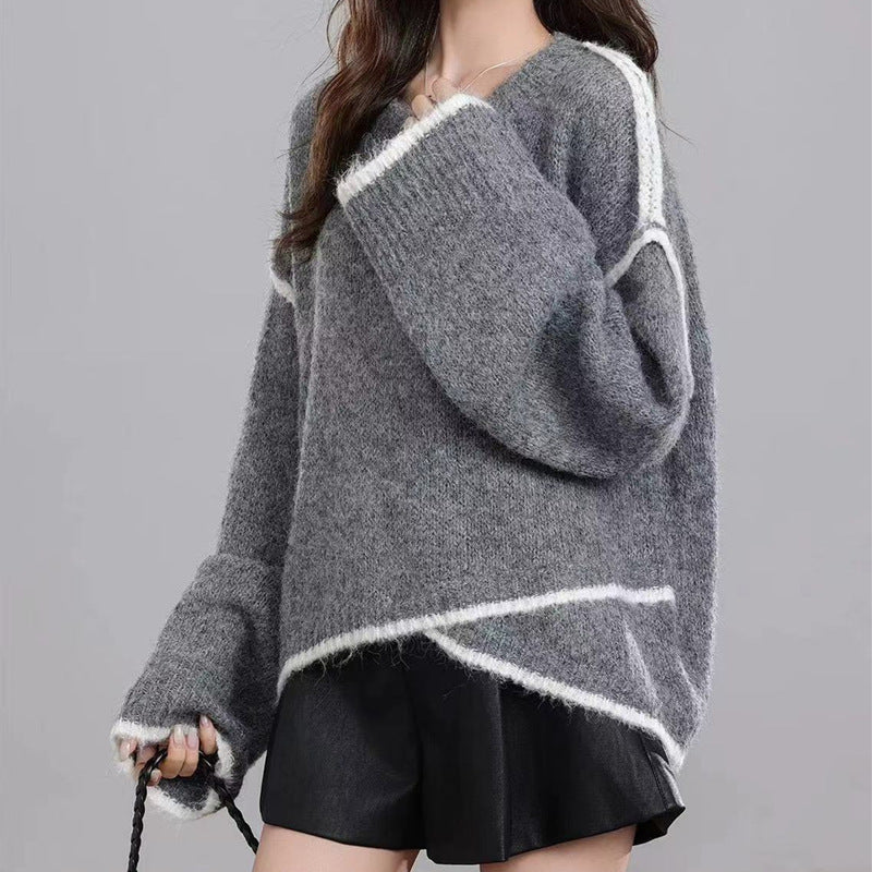 Damen Grober Strickpullover mit Kontrastfarben und lässigem Schnitt Drune