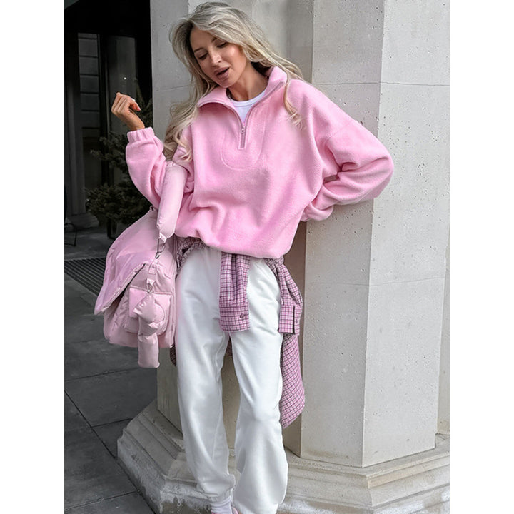 Damen Oversized Fleecepullover mit halbem Reißverschluss und Stehkragen Drune