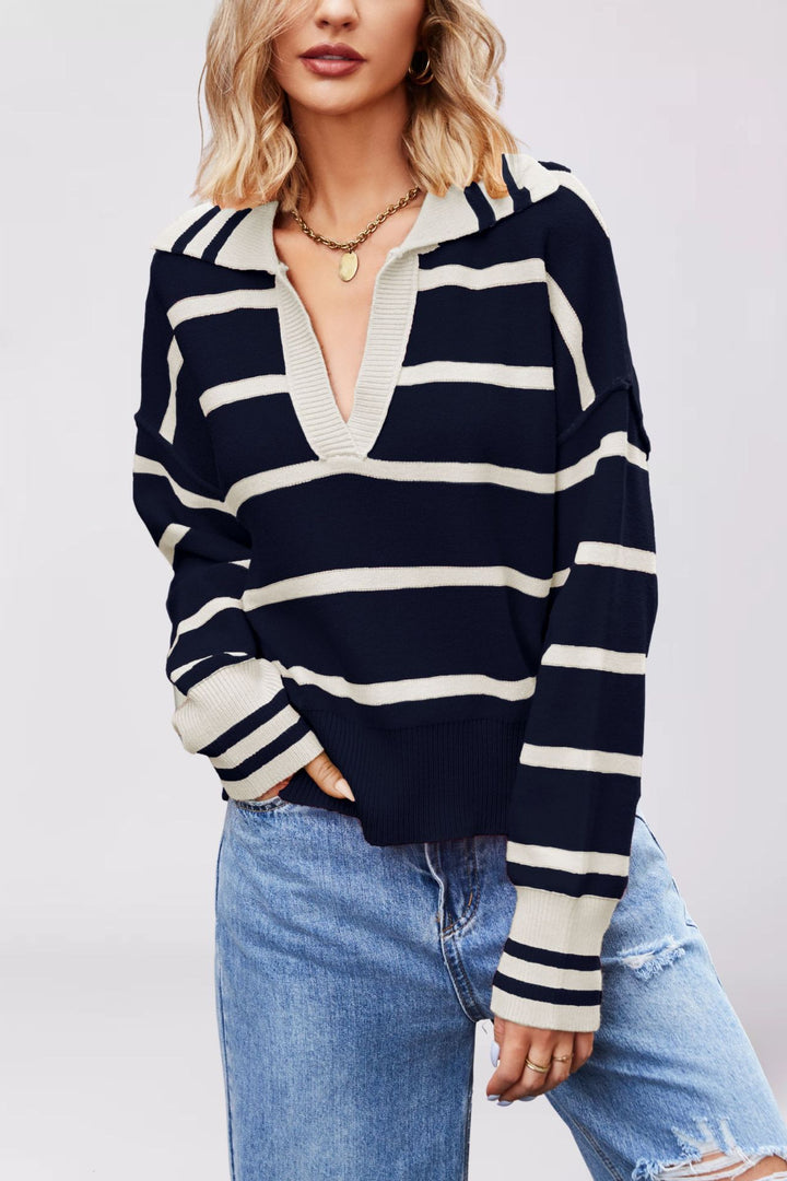 Damen lässiger Pullover mit V-Ausschnitt und breitem Streifenmuster Drune